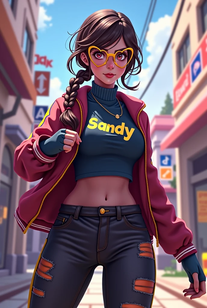 Female character in the free fire game style, with heart glasses, hair with braid, turtleneck blouse with the name SANDY written on it 
