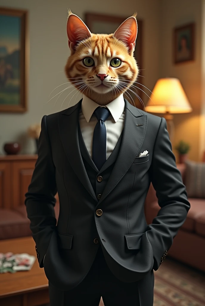 Cat Human Male in the home wearing Suit 
