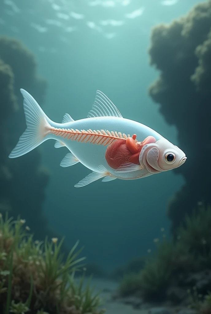 une nouvelle race de poisson blanc translucide decouvert : transparence de son corps car on voit à l'intérieur tous ses organes que l'on distingue très nettement