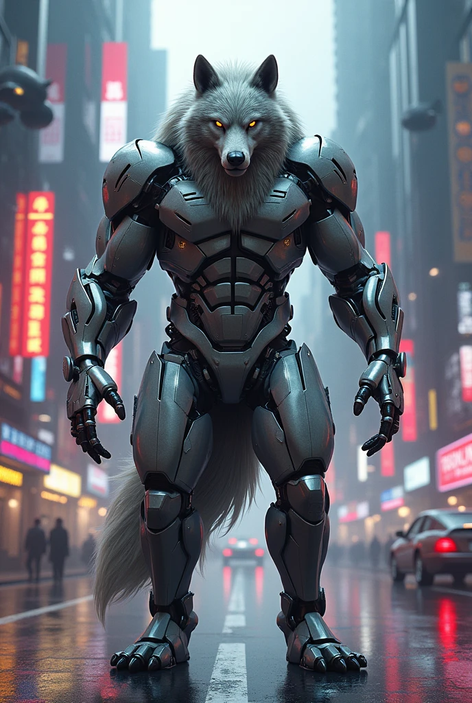 Part wolf, part muscular robot on futuristic street