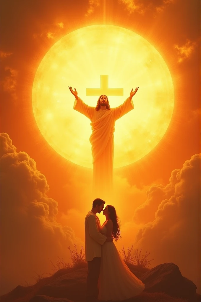 An orange circle sending a radiant light into the world with the image of Jesus Christ, a cross and especially couples with Christ