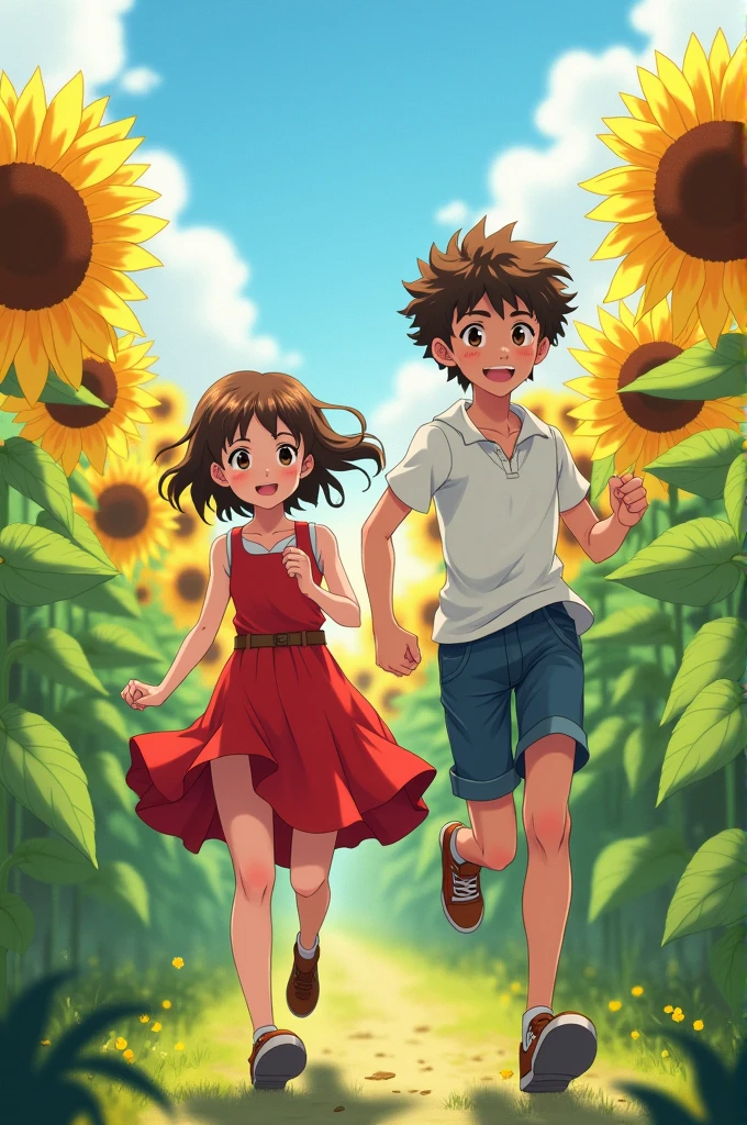 anime style two young people in sunflower garden, the boy with brown hair and a red dress and the boy with a white blouse and curly hair and the two of them running