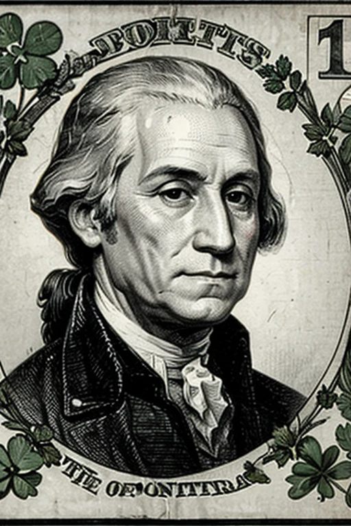 One dollar bill featuring George Washington, which depicts a four-leaf clover.
