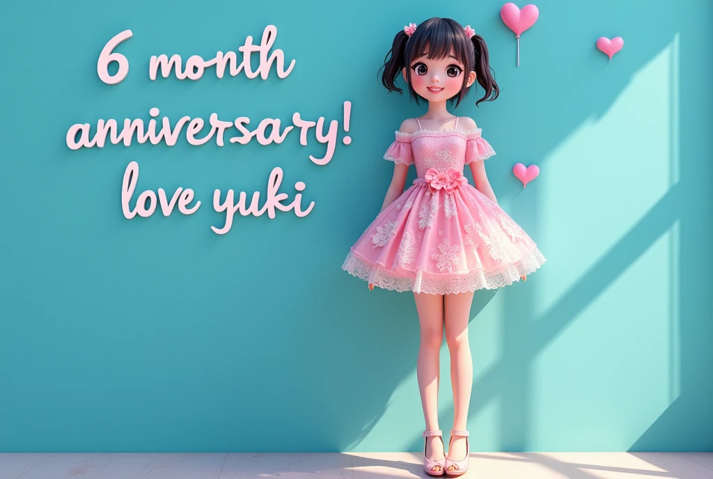 lace，Pink floral dress，school girl，short skirt，whole body，high heels，smile，student，lovingly looking at camera, Blue wall background with writing "6 month anniversary, love Yuki"