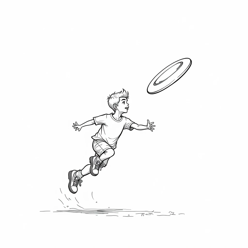 A boy wearing sports shirt throwing flying disc in the air , black and white line art image,  high quality image, 
