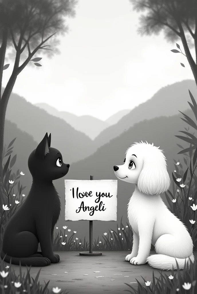 A black and white cat, and a white cotton de tulier dog with long, straight hair. And in the middle a sign that says I love you Anggeli and a background of a paradise,