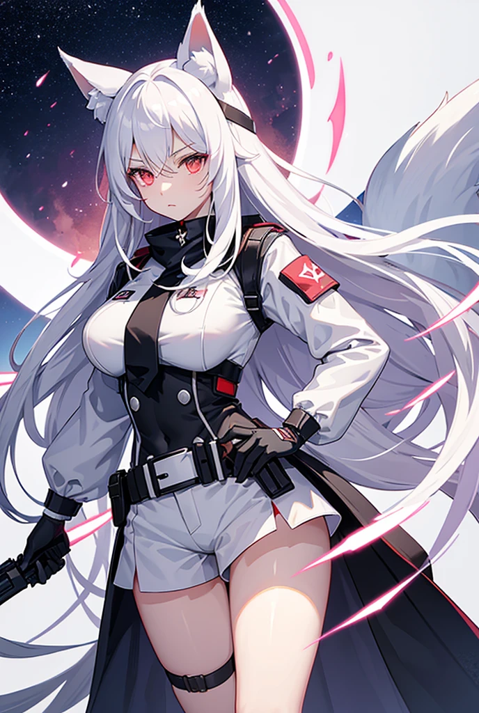 Very long hair, Fox ears, 4 girls, long fox tail, big breasts, pink glowing eyes, white very short tactical uniform, white very short tactical shorts, берцы, pistol on the belt, purple face mask, open belly, open legs, white hair with red tint, simple background, sword in hand in fur style, Helmet with night vision device Forehead protector, mask off,