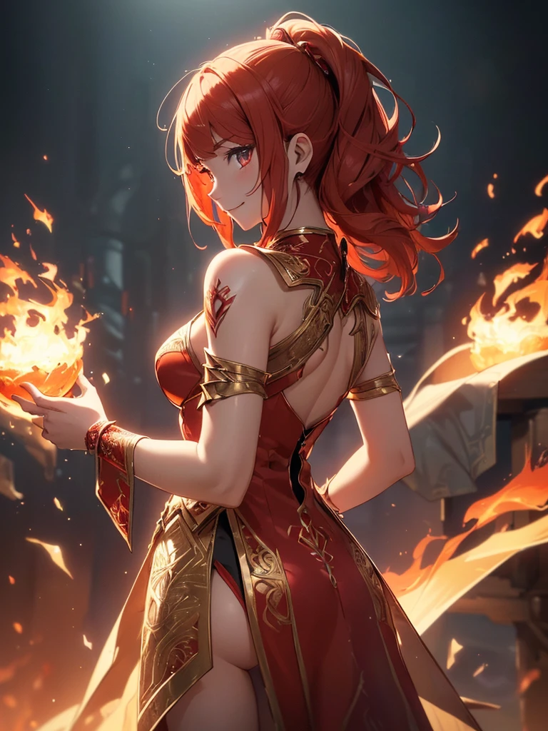 (((best quality, sharp image, clear image, cinematic lighting, 8k resolution, masterpiece, ultra detailed, intricate))) Girl, sorcerer, cute, intricate dress, smiling, fiery red, ((intricate background)), (rune frame), dimension, ((shot from behind)), fire sigils, chaotic background, ((half-body shot))