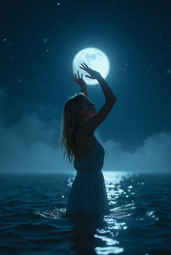 night time photo of a girl with blond shoulder length hair standing in the ocean with her arms in the air, dark dance photography aesthetic, a still of an ethereal, with the sky full of stars, with stars, calm night. over shoulder shot, standing in moonlight, star lit sky, still from a music video, summer night, looking to the Horizont, blurry