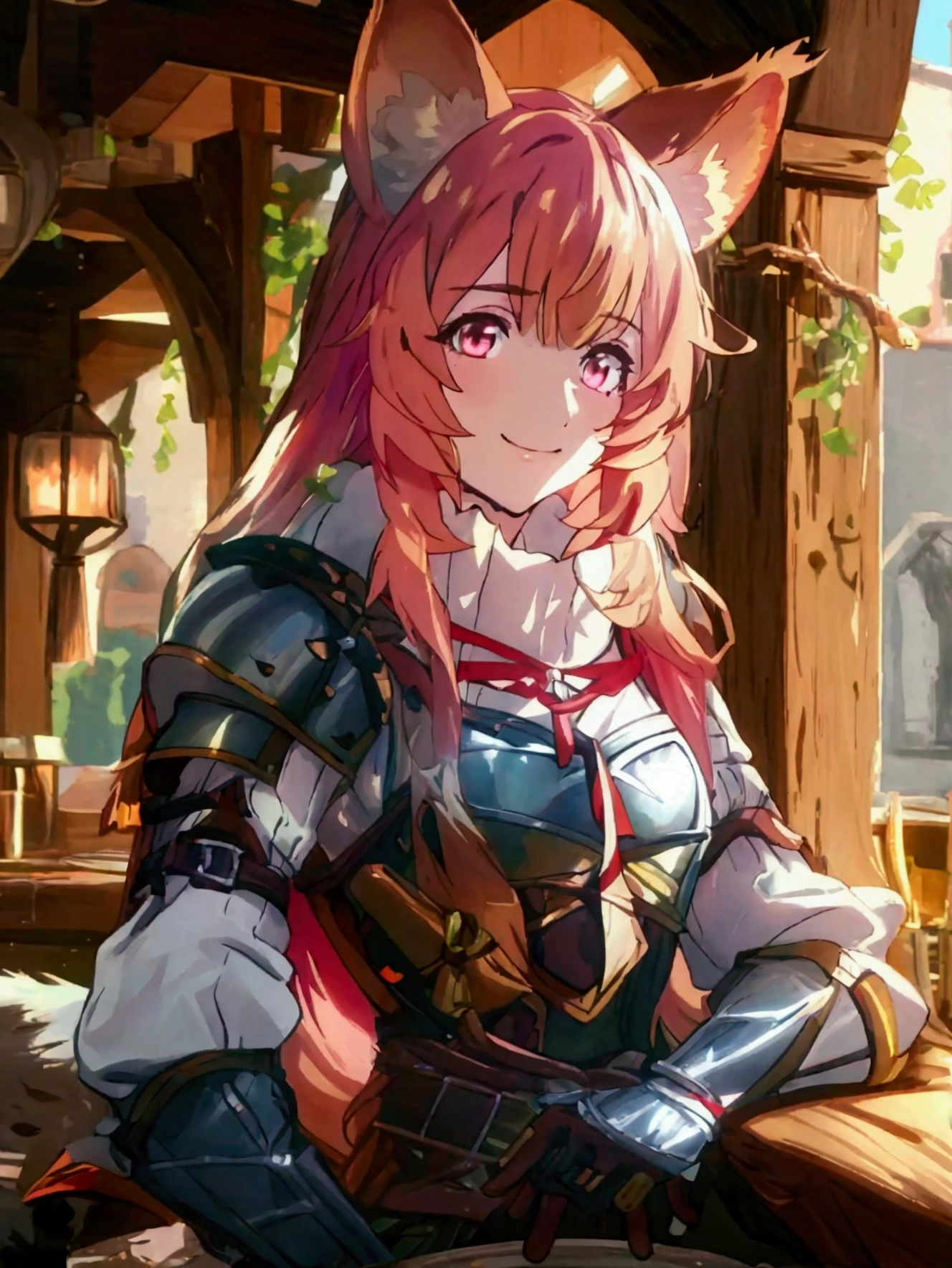 masterpiece, vibrant colours, hd, highres, absurdres, best quality, detailed, sharp, raphtalia, long hair, bangs, brown hair, animal ears, raccoon ears, raccoon tail, raccoon girl, pink eyes, smile, long sleeves, sweater, ribbed sweater, puffy sleeves, breastplate, red ribbon, gauntlets, glove, brown gloves, belt, skirt, armor, indoors, tavern, medieval, coffee, nature, looking at viewer, cowboy shot, dutch angle, dynamic pose,