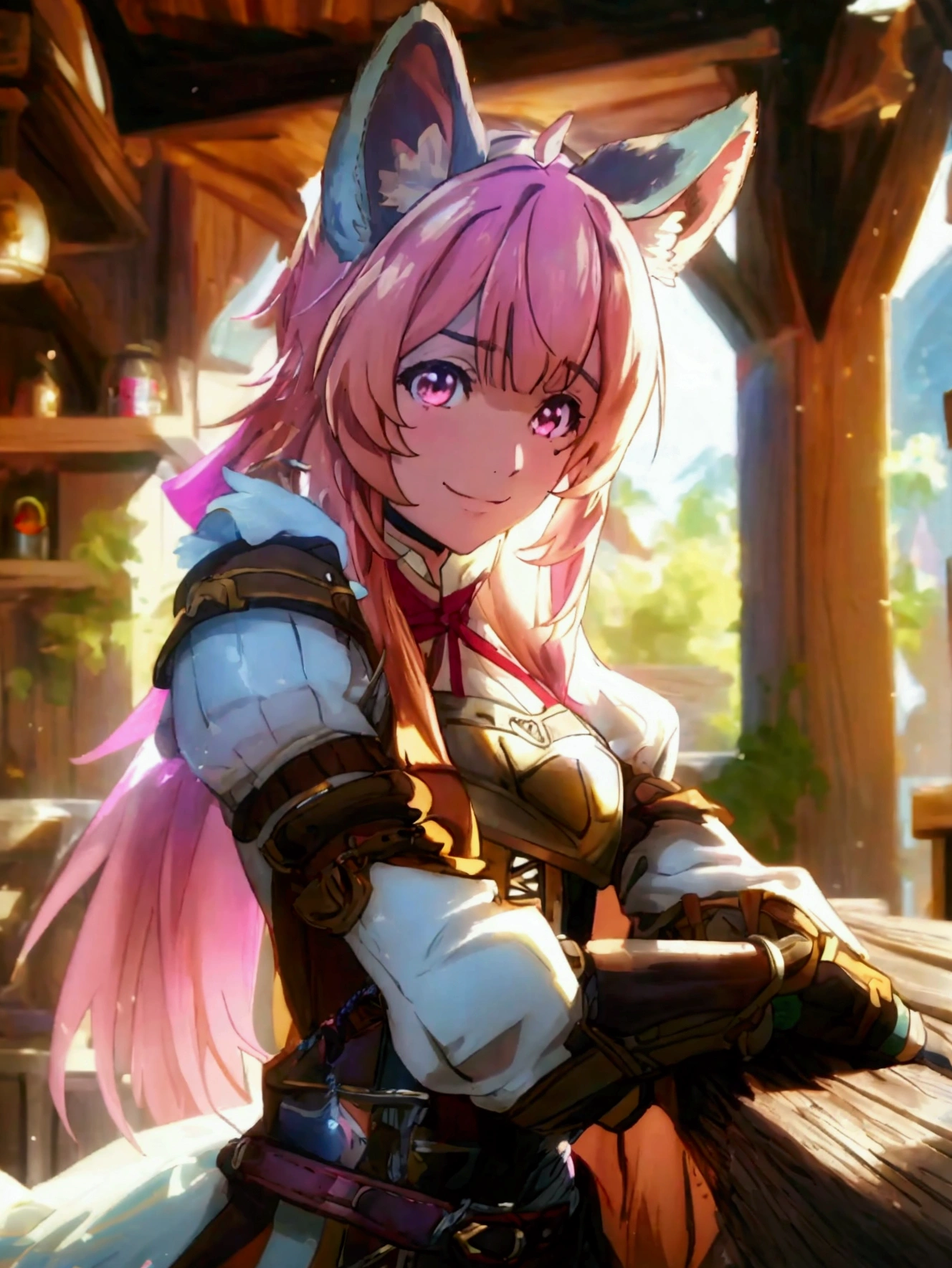 masterpiece, vibrant colours, hd, highres, absurdres, best quality, detailed, sharp, raphtalia, long hair, bangs, brown hair, animal ears, raccoon ears, raccoon tail, raccoon girl, pink eyes, smile, long sleeves, sweater, ribbed sweater, puffy sleeves, breastplate, red ribbon, gauntlets, glove, brown gloves, belt, skirt, armor, indoors, tavern, medieval, coffee, nature, looking at viewer, cowboy shot, dutch angle, dynamic pose,
