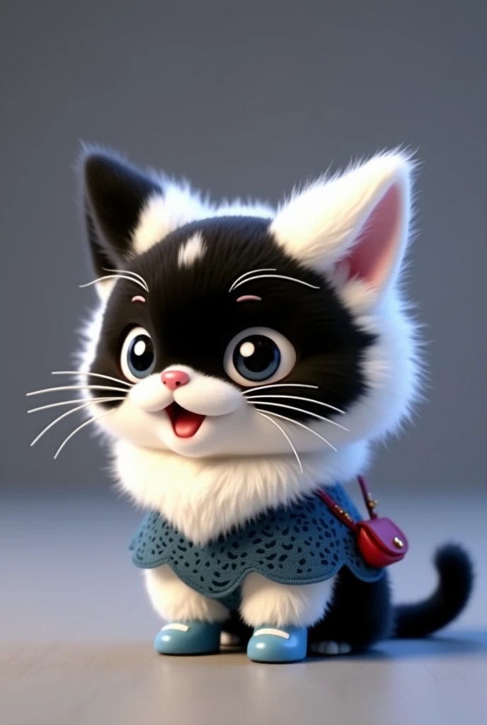 plush very fluffy cat, White wool, like a stoat, Stands on its hind legs, in a dark blue lace dress,blue shoes, red bag, blue doll eyes with big eyelashes, smiles with open mouth, speaks, moves his paws, spreading out the sides, 3D стиль, 8k , 4K, HD, clean background, style, I guess, votive