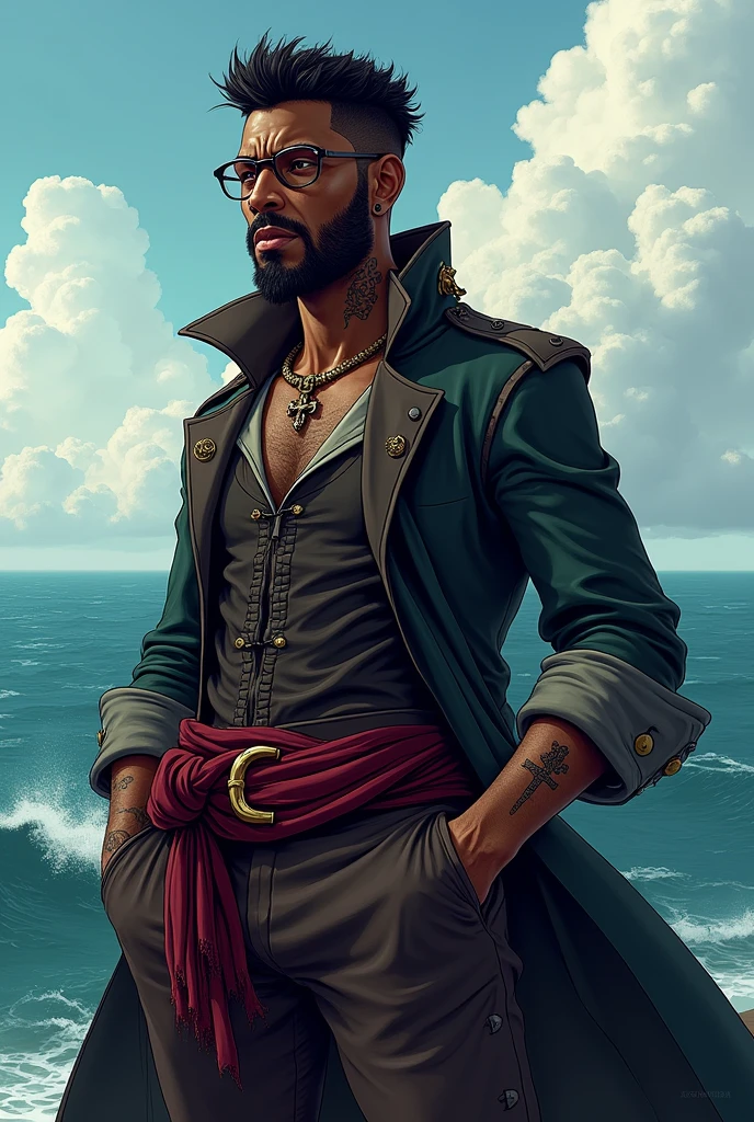 a pirate, black male , Cao Cao , tattoo in face , shorth hair , the way you want, wear glasses, Scrawny ,your name Salazar Capone 