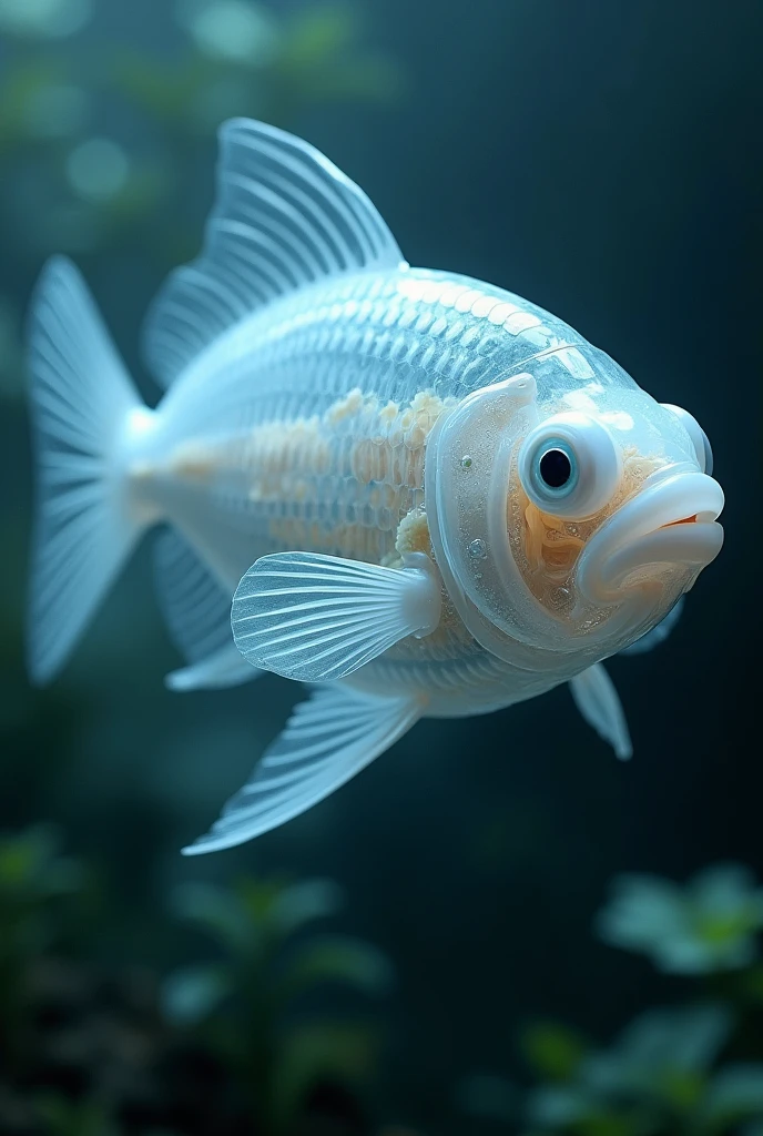une nouvelle race de poisson blanc translucide decouvert : transparence de son corps car on voit à l'intérieur tous ses organes que l'on distingue très nettement . Ultra réaliste