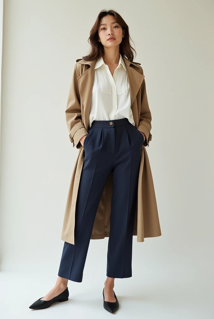 Young woman in white blouse, Navy blue pants and khaki coat and black ballerina shoes
