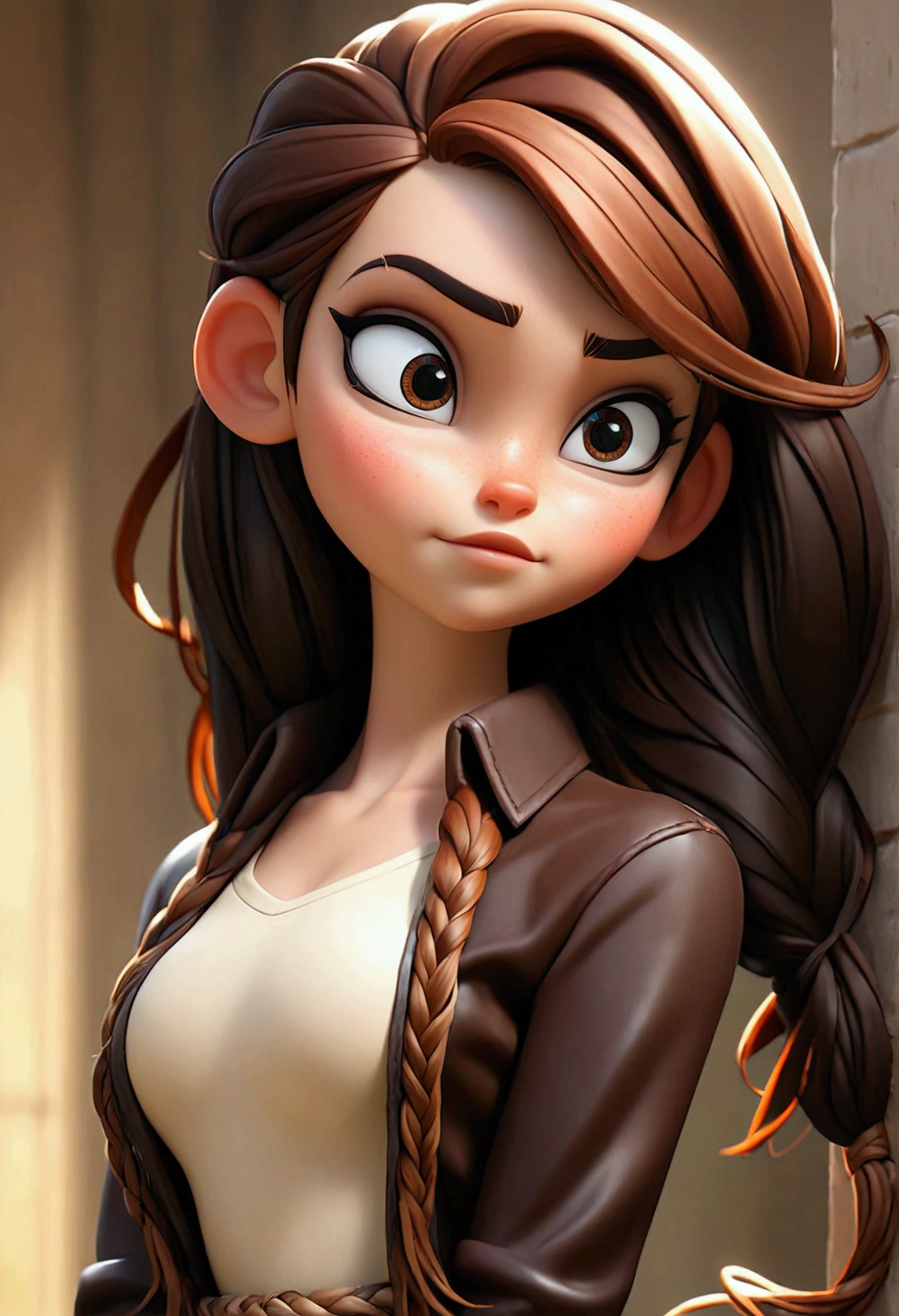 (Best quality, high resolution: 1.2), Ultra-detailed, (Realistic: 1.37) brunette, médium short braid brown hair, brown eyes, big chest, 19 years, full body, with black latex naughty style