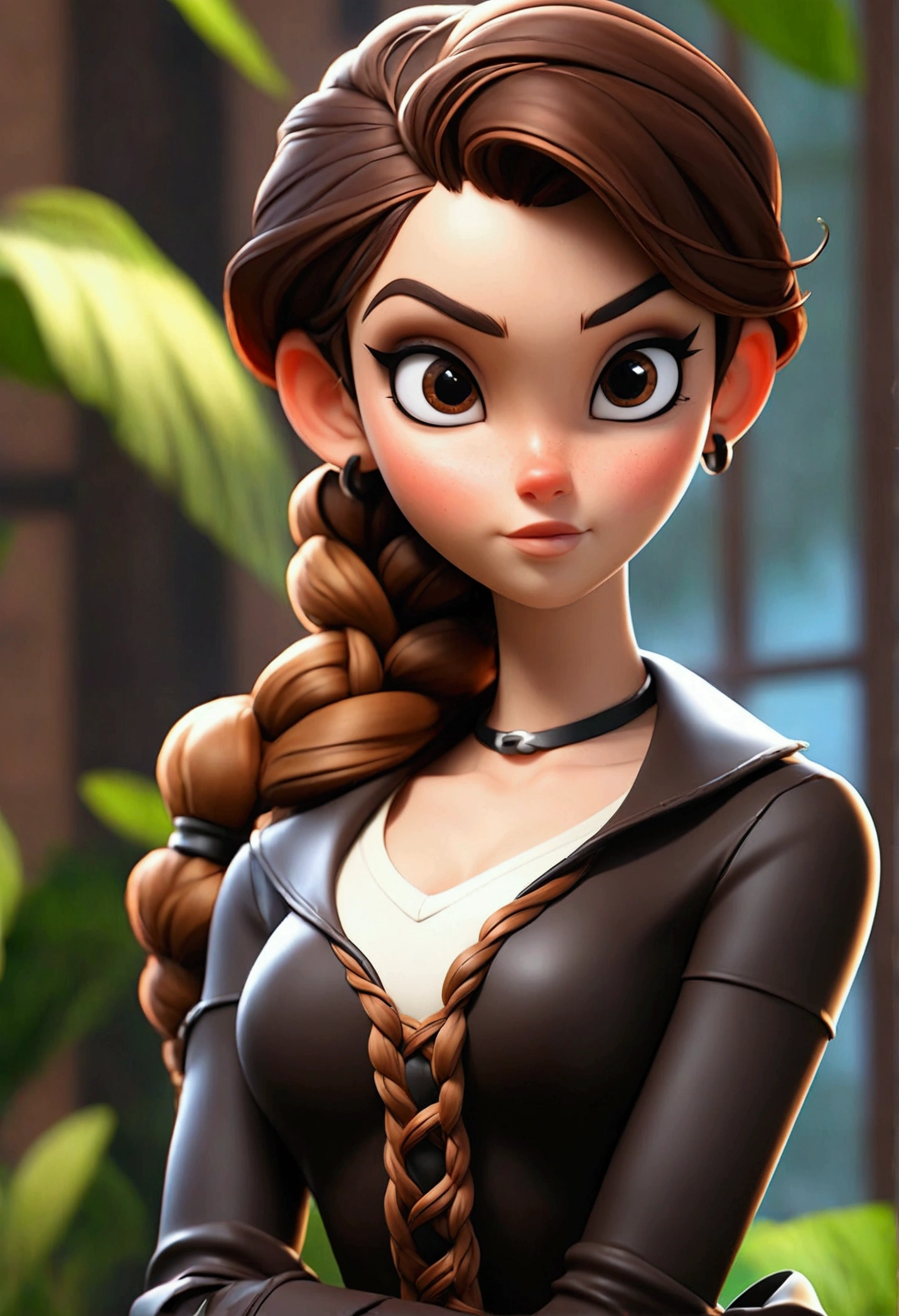 (Best quality, high resolution: 1.2), Ultra-detailed, (Realistic: 1.37) brunette, médium short braid brown hair, brown eyes, big chest, 19 years, full body, with  black latex  naughty style
