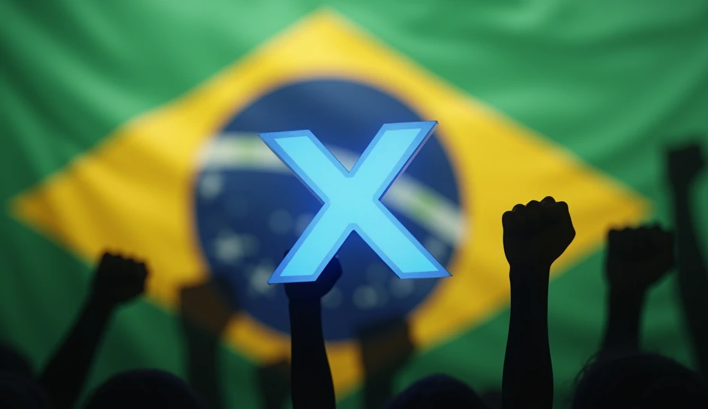 Create a visually stunning image of the X logo (formally twitter) with a Brazilian flag behind. In the background, add angry protesters with their fists in the air, blur out the protesters and make the X logo upfront.