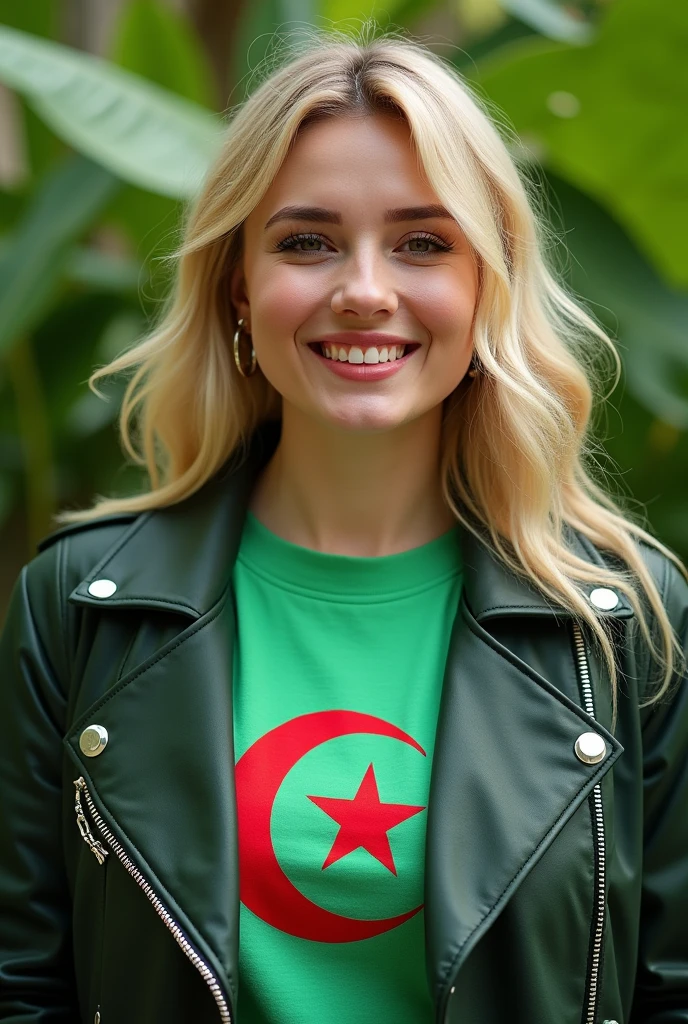 Close up, blonde, plump woman . lebeni jackets and coats for 2024 designs!, T-shirt with the Algerian flag, half white and half green, green nature background
