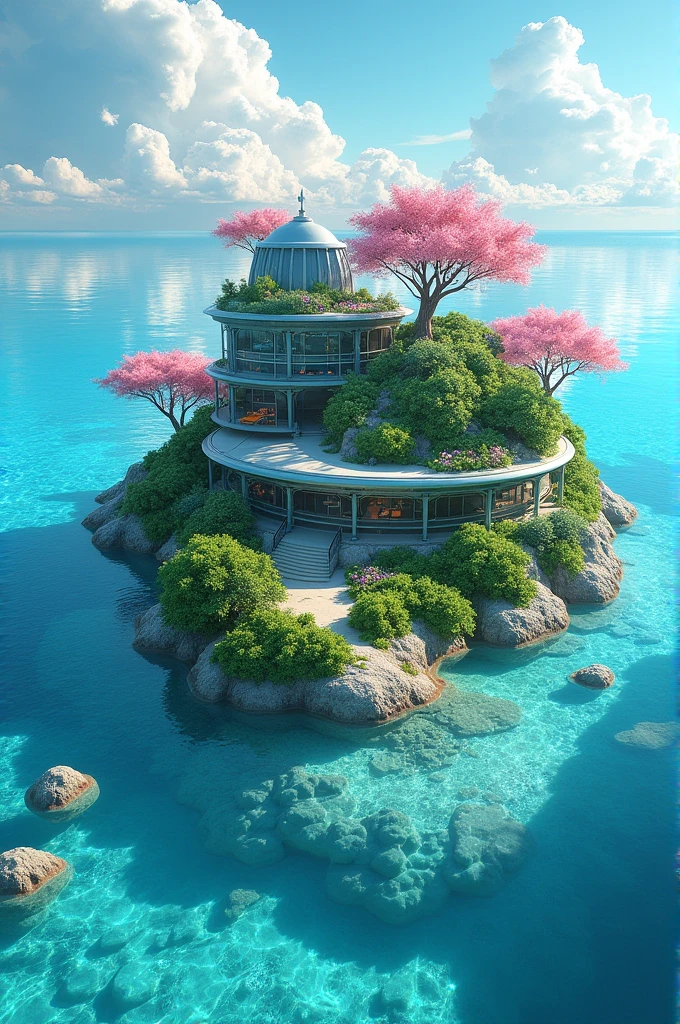 Futuristic island,surrounded by blue shining transparent ocean from four corners,splendid green environment with blooming cherry fruits and flowers