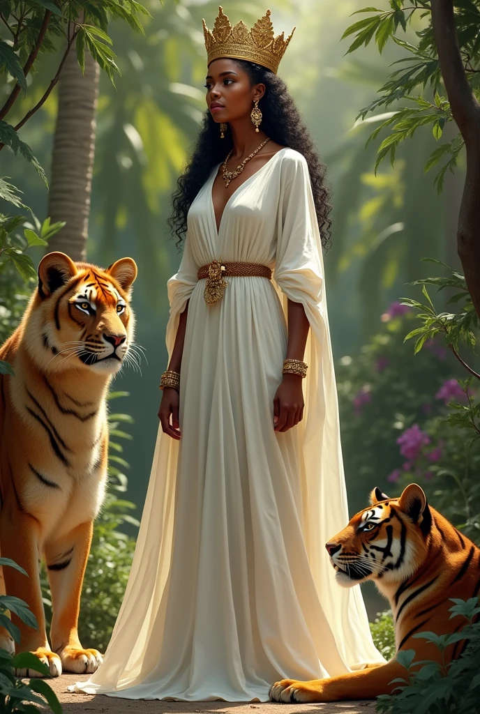 Ethiopian Queen Saba, her skin is more light, her outfit like white cotton dress, her crown like king Solomon, full body, lion and tiger, garden,guard, she is tall,bridesmaid.