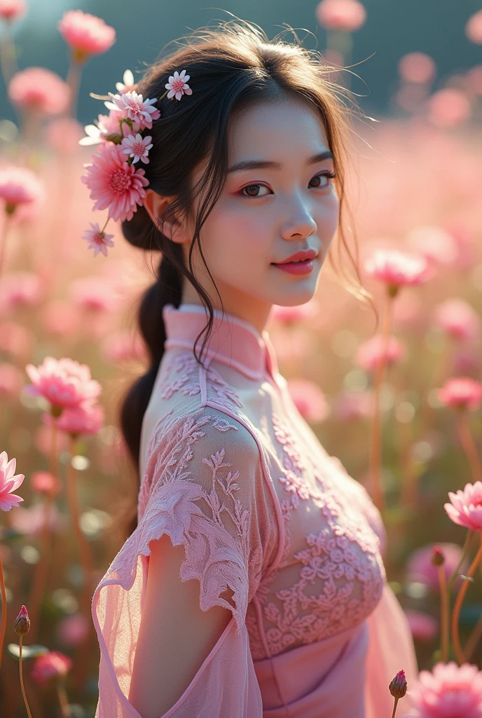 A woman wearing a pink-purple lace cheongsam with short sleeves and a flower field background. 

