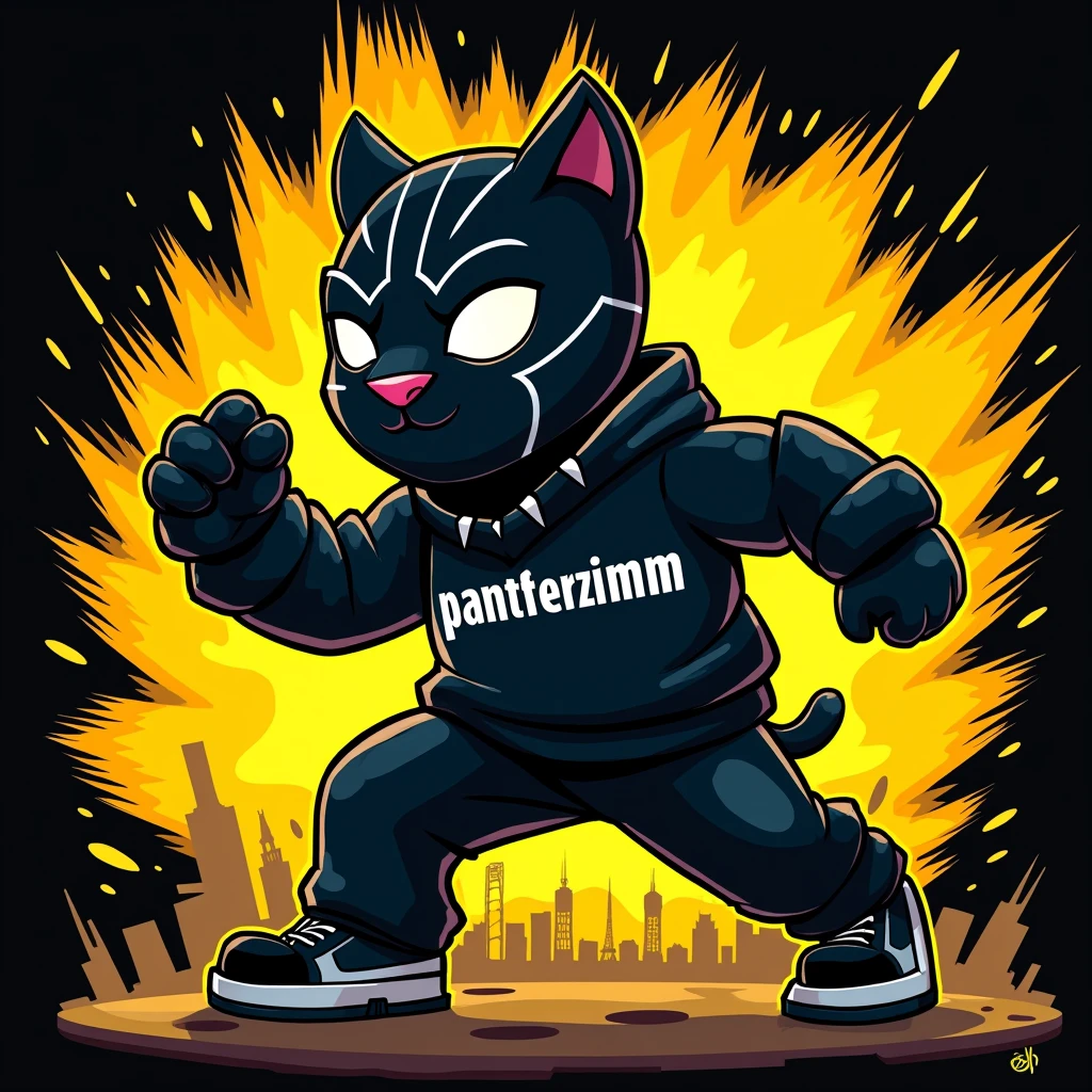 make a cartoon black panther with a sweatshirt written on it pantherzimm on a black and yellow background in the shape of a youtube thumb