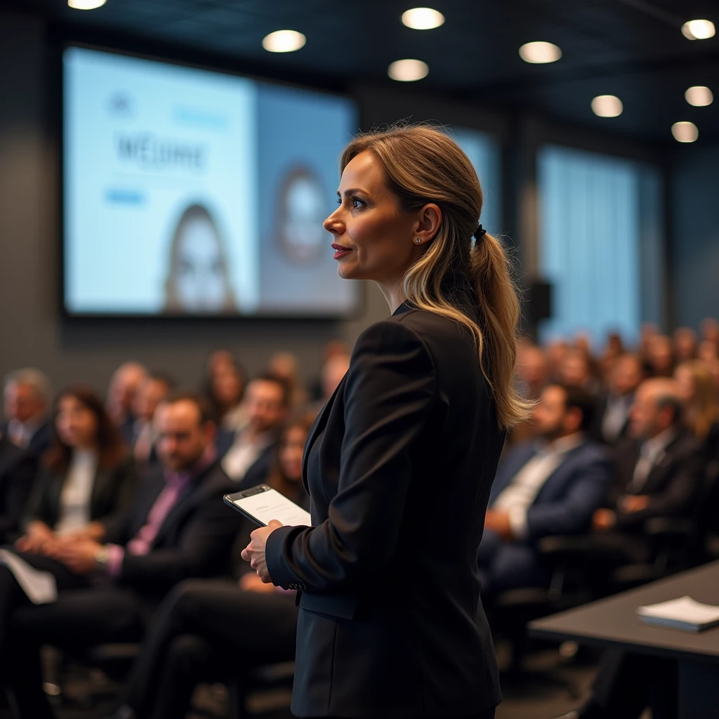 Woman entrepreneur at seminar giving presentation