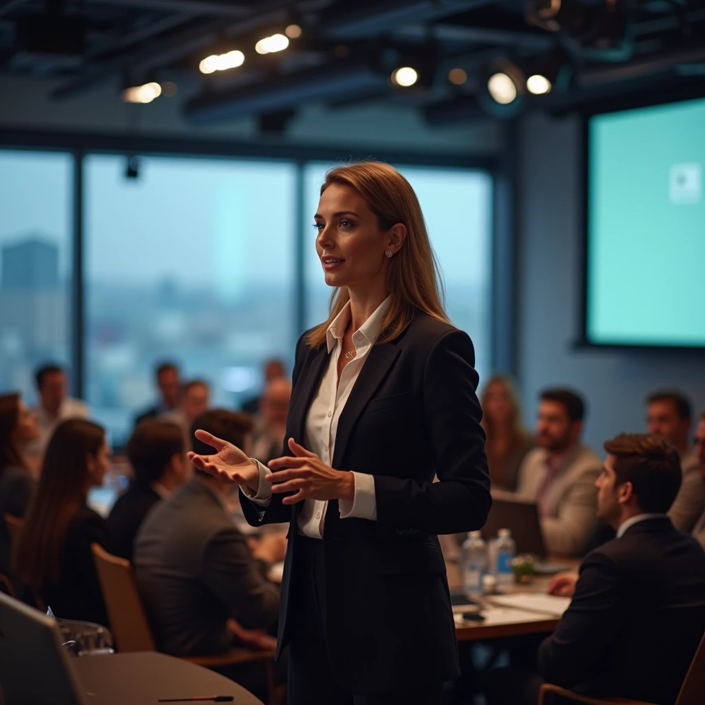 Woman entrepreneur at seminar giving presentation