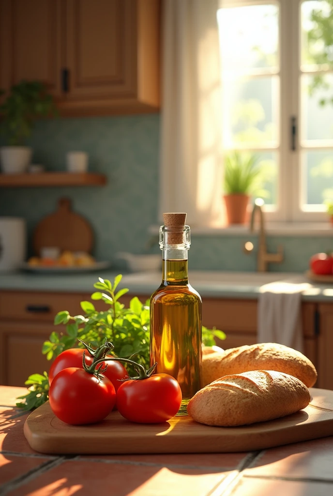 Create me a picture with olive oil, Brot, Tomatoes in a kitchen
