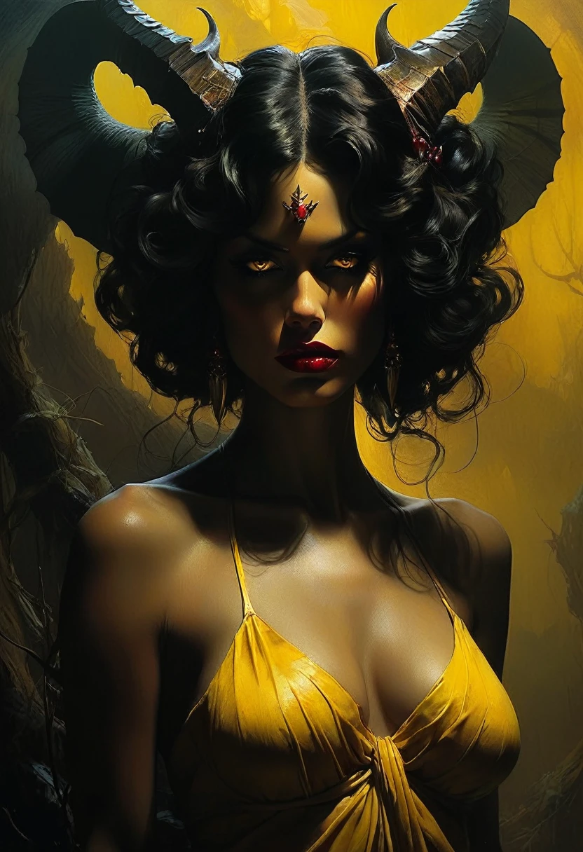 Gloomy, creepy horror, something out of this world. (Female Succubus-demon of lust and debauchery), evil but beautiful face, glossy dark cherry-yellow hellish look, scary-beautiful expressive look in the style of Frank Frazetta, Aykut Aydogdu, Pino Daeni, Charlie Bowett, Albert Joseph Peno, Ray Caesar, Tetsuya Ishida. Zdzislaw Beksinski. masterpiece. Best quality. Beautiful cinematic impressionistic painting in the style fairytale background) (Minimalism: 1), original details. Ashley Wood style. Stephen Gammell.
