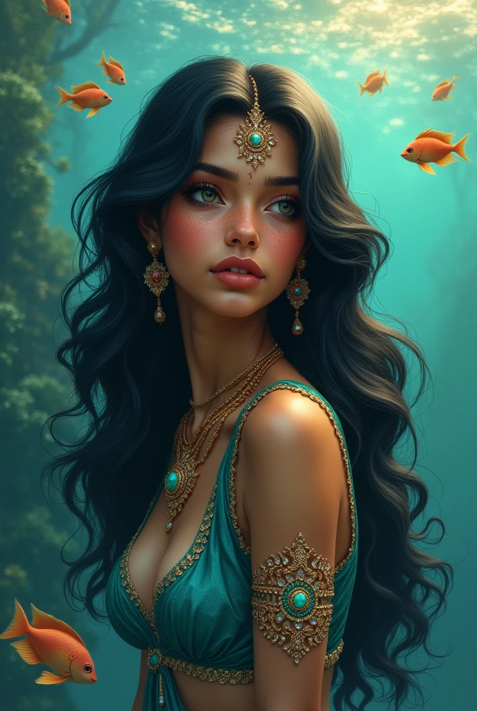 Black haired mermaid looking like an Indian