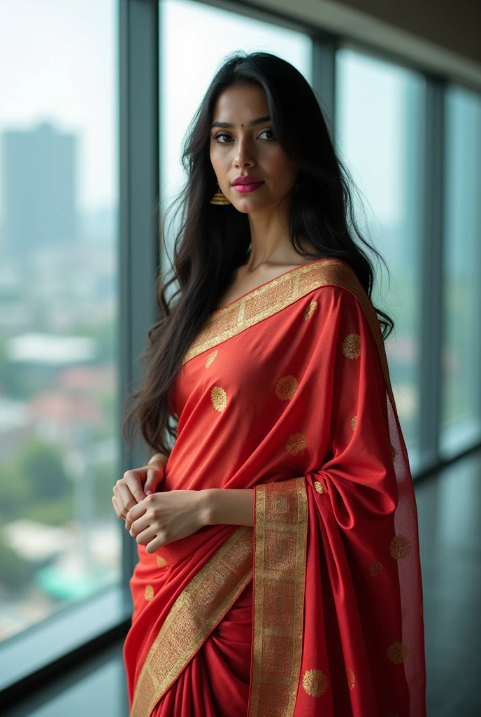 Una sola chica india de 25 años con Long hair usando sari en un edificio de día, Long hair, elegantly dressed, large windows with city view, pink lips, Whole body, business meeting, sociologist