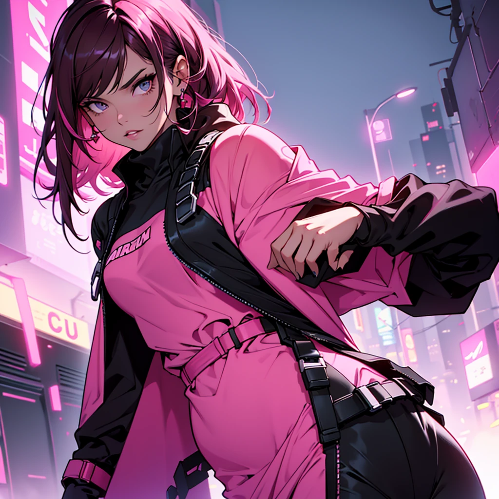 Mulher de brunette skin, flat hair, brunette skin, wears a black jumpsuit with pink, wears a dark pink cape, cyberpunkstyle, pink  hair, 1 , gazing at viewer, simple background.
