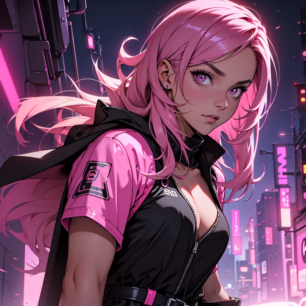 Mulher de brunette skin, flat hair, brunette skin, wears a black jumpsuit with pink, wears a dark pink cape, cyberpunkstyle, pink  hair, 1 , gazing at viewer, simple background.