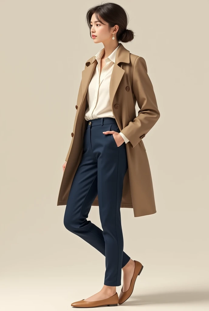 Young woman in white blouse, Navy blue pants and khaki coat and beige ballerina shoes