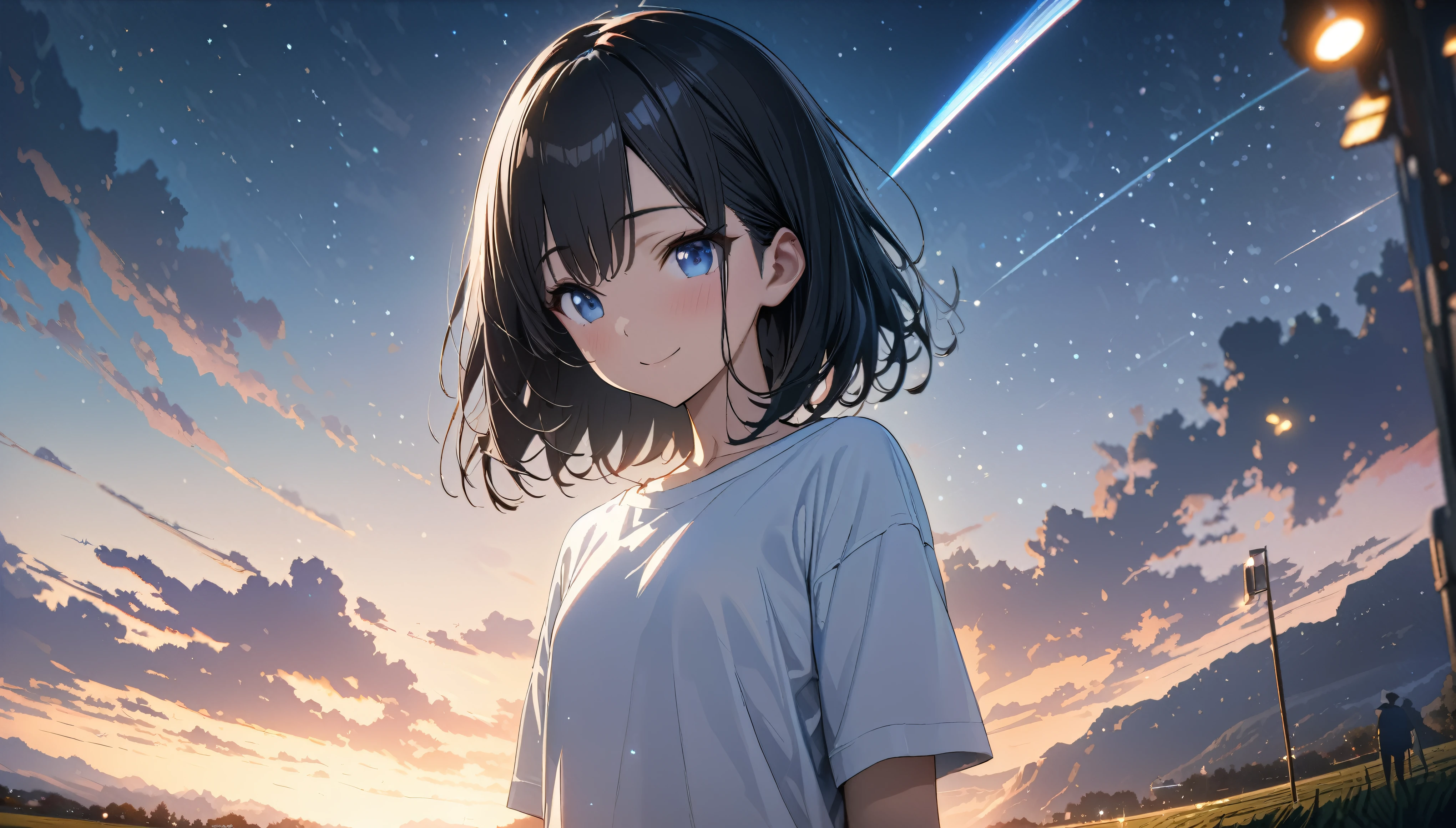 ((ultra-detailed))/(one women with short black hair and bob hair.、beautiful blue eyes,.、smile、gentle smile on her face、flat chest, one Beautiful girl,((masterpiece, illustration, best quality) ((ultra-detailed))/)Masterpiece\,standing on a field viewing the night sky with dark clouds and stars, a comet passing by, and many stars, wearing white tshirt,濃い青とBeautiful Blueのグラデーション, High resolution, 8K HD detail, hyper-detail, cinematic, surrealism, soft light, deep field focus bokeh, ray tracing and surrealism. --v6'
