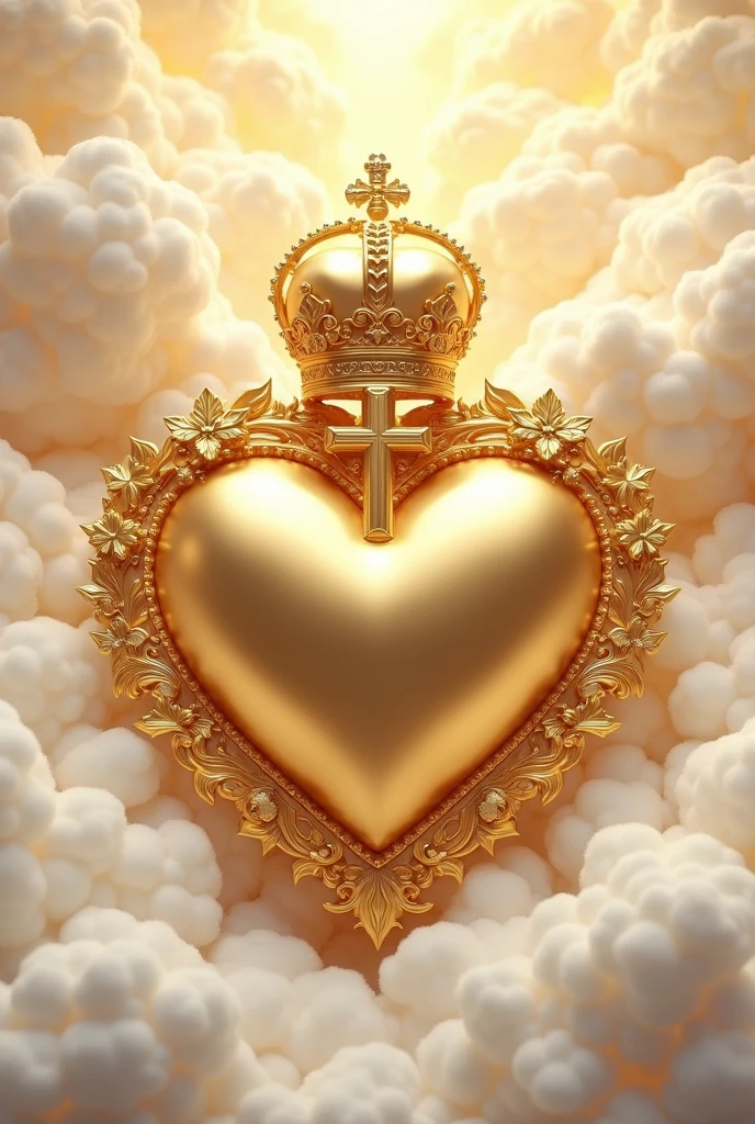 3D gold heart edges with a cross, a crown over the heart that says 'We are one' over the image with flowers white clouds