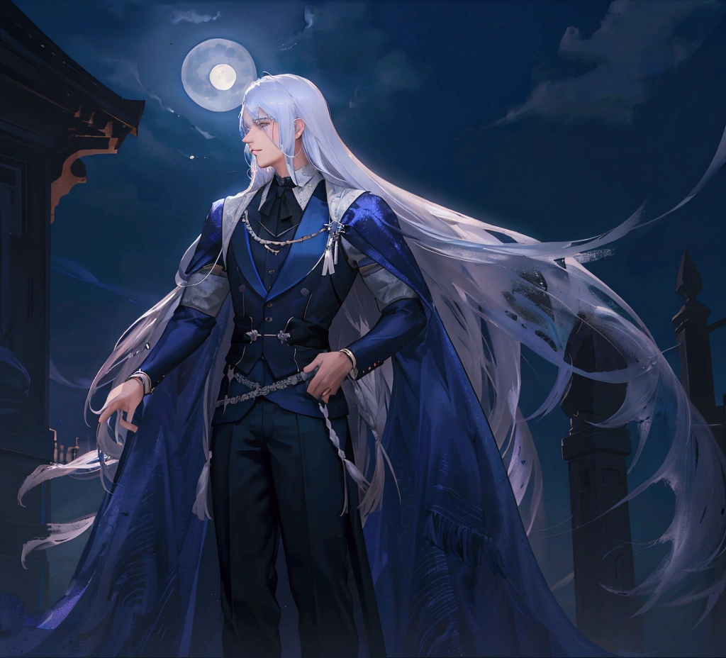 Late at night, a young man backlit by the moonlight. A man in his 20s, profile, silver hair, long hair, bluish color tone, handsome young man, strong backlight, moonlight, Arabian costume