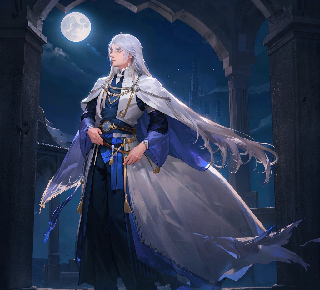 Late at night, a young man backlit by the moonlight. A man in his 20s, profile, silver hair, long hair, bluish color tone, handsome young man, strong backlight, moonlight, Arabian costume