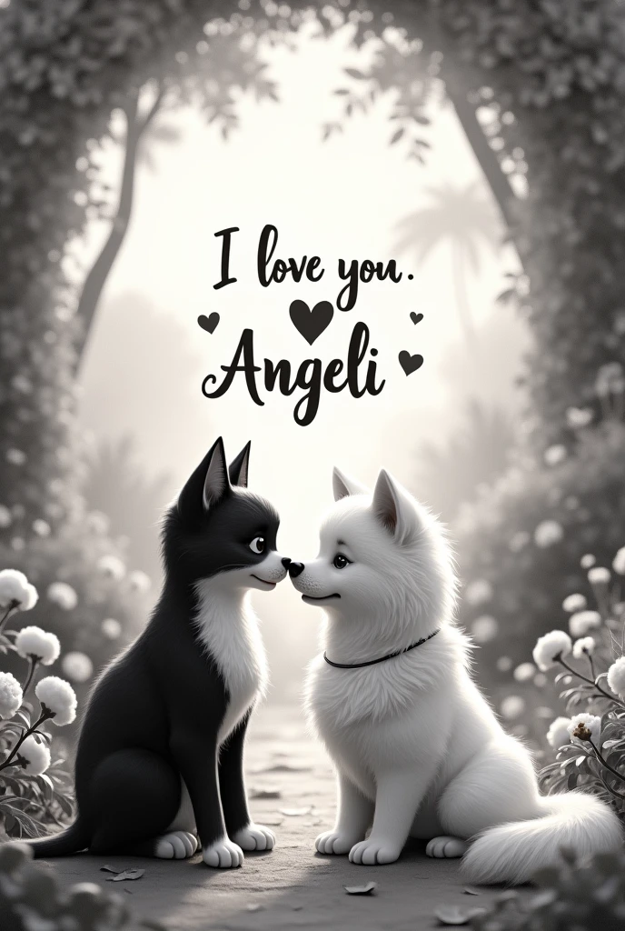 A black and white cat, and a medium-sized white cotton-haired dog with long, flowing hair. And in the middle a sign that says I love you Anggeli and a background of a paradise