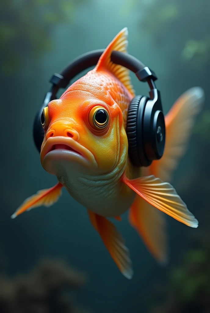 Serious looking fish with headphones