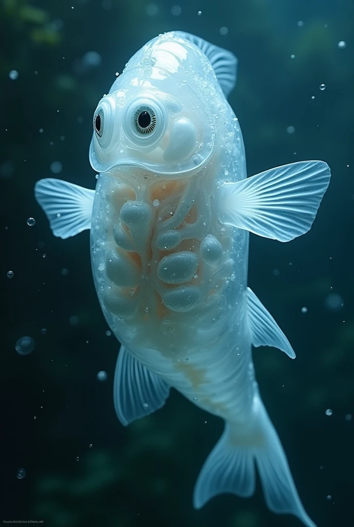 une nouvelle race de poisson blanc translucide decouvert : transparence de son corps car on voit à l'intérieur tous ses organes que l'on distingue très nettement . Ultra réaliste