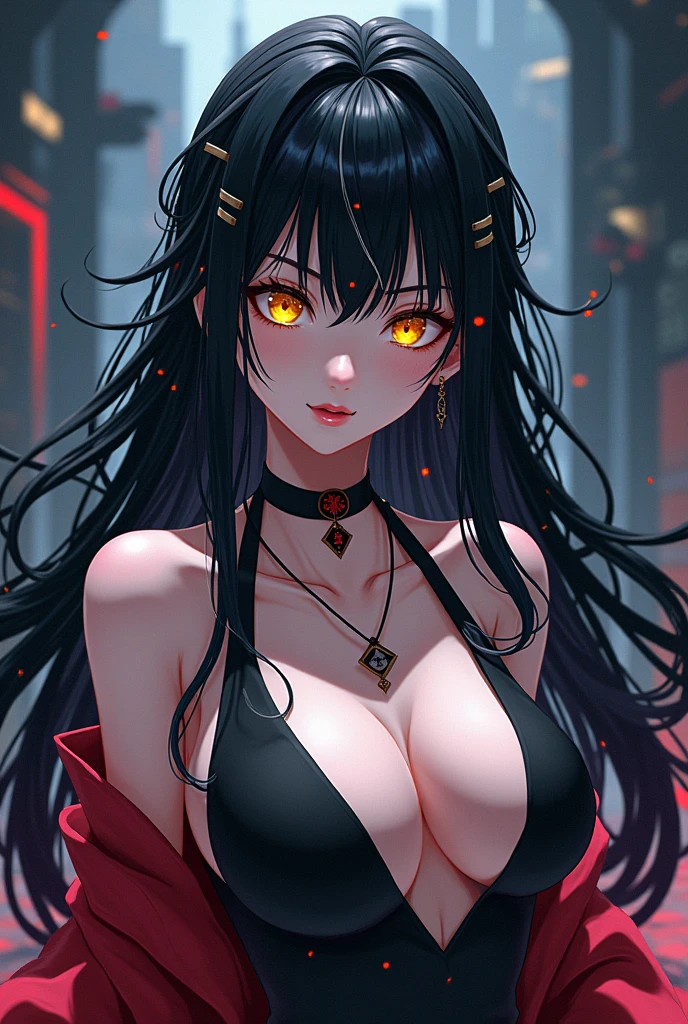 Anime version of JUJUTSU NO KAIZEN, A white woman, with a good figure, long black hair with thin white strands in her bangs, bright yellow eyes