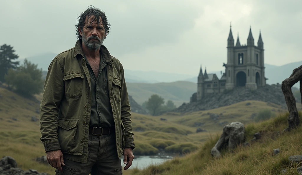 A man named Jack, age 33, stands in the wilderness, with broken houses everywhere