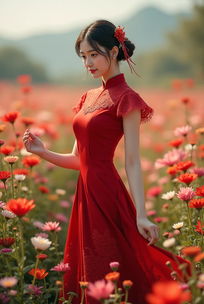 A woman wearing a red cheongsam with lace patterns and short sleeves, against a flower field background. 
