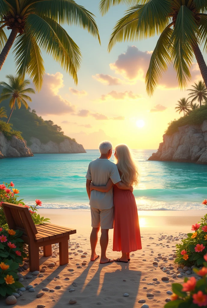 a cinematic setting, a beautiful paradisiacal beach with crystal clear waters, several waves, coconut trees, colorful flowers, a pebble path with shells and sparkling diamonds, a wooden bench and an elderly couple with their backs turned, he hugs her and she has longer hair long, they are looking at the horizon the sunset, best quality, artwork, anatomically correct, high details, 8K, wallpaper