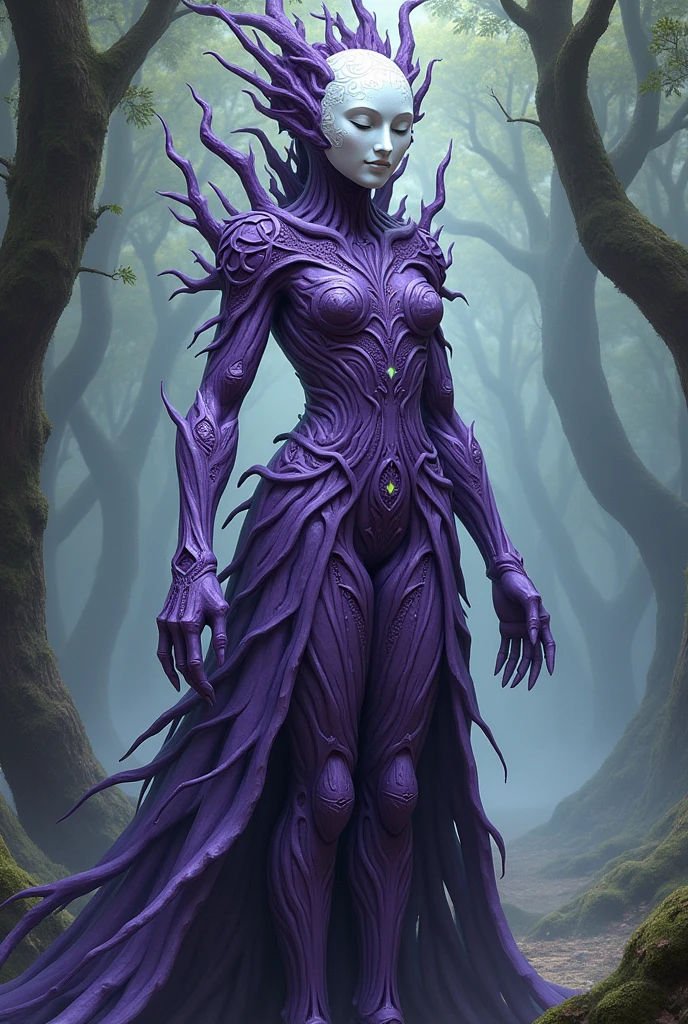 A humanoid creature with a white stone mask on its face. The rest of this creature's body is purple. Her entire body is made of branches, and she is female. The character is seen in full view, with patterns all over her body. DND style art