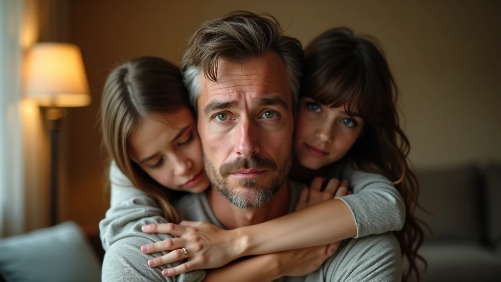 Ultra-realistic portrait of a man in his 40s. He has brown hair with a few white strands, a neatly trimmed beard and green eyes that reflect sadness and relief. His face is well defined and his expression suggests emotion and vulnerability. The portrait should be from the waist up. He is wearing a casual shirt.
The man is in a living room, embraced by two teenagers and a woman, both with brown hair, all with expressions of support and solidarity. The environment should include elements such as a sofa and a lamp, but should be blurred so as not to distract from the main subjects.
The lighting should be soft and warm, with light from a lamp coming from above, creating subtle shadows that accentuate the subjects' emotional expressions. The light should highlight the eyes and the texture of the skin, emphasizing the seriousness and emotion of the moment.
The image should convey a sense of togetherness and relief, with a touch of vulnerability. Suggest a warm color palette, such as golds and browns, that complements the atmosphere of the living room.
The photo should be of high quality, with 8k rendering and extreme detail, capturing the emotional essence of the moment.