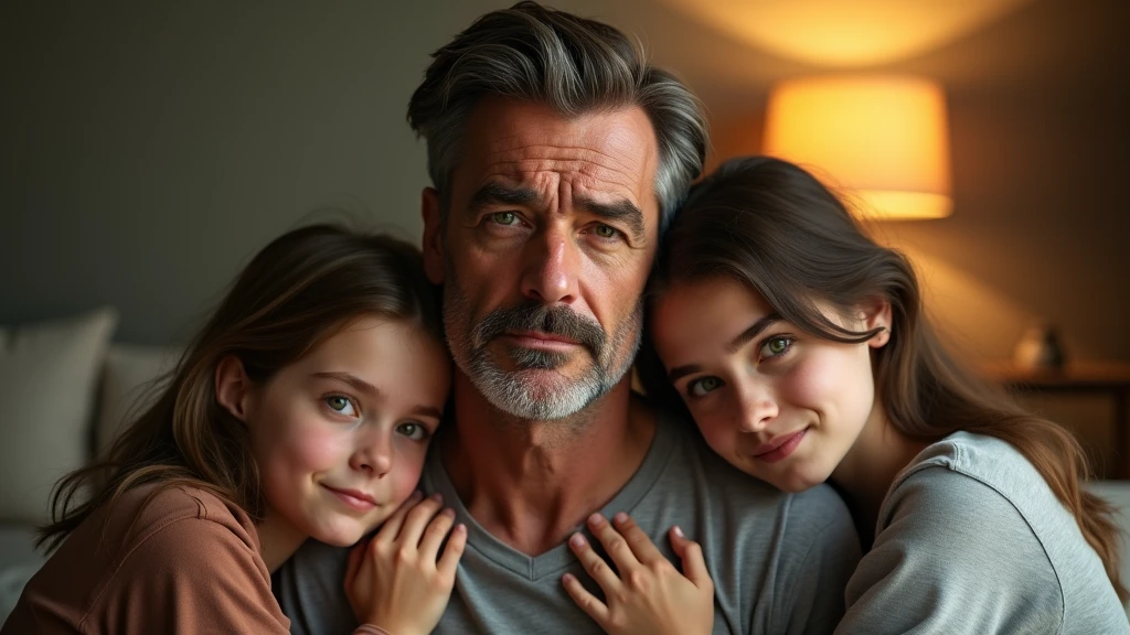 Ultra-realistic portrait of a man in his 40s. He has brown hair with a few white strands, a neatly trimmed beard and green eyes that reflect sadness and relief. His face is well defined and his expression suggests emotion and vulnerability. The portrait should be from the waist up. He is wearing a casual shirt.
The man is in a living room, embraced by two agers and a woman, both with brown hair, all with expressions of support and solidarity. The environment should include elements such as a sofa and a lamp, but should be blurred so as not to distract from the main subjects.
The lighting should be soft and warm, with light from a lamp coming from above, creating subtle shadows that accentuate the subjects' emotional expressions. The light should highlight the eyes and the texture of the skin, emphasizing the seriousness and emotion of the moment.
The image should convey a sense of togetherness and relief, with a touch of vulnerability. Suggest a warm color palette, such as golds and browns, that complements the atmosphere of the living room.
The photo should be of high quality, with 8k rendering and extreme detail, capturing the emotional essence of the moment.